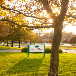 A serene park setting during sunset with a sign and autumn foliage.