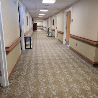 A well-lit hallway with carpeted flooring and doors along the sides.
