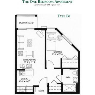 Floor plan of a one-bedroom apartment, Type B1.