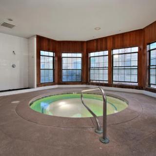 A serene indoor spa area featuring a circular hot tub surrounded by large windows, offering a perfect space for relaxation and wellness.