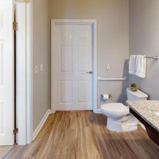 A modern bathroom with a toilet, vanity, and wooden flooring.