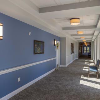 A well-lit hallway with blue walls and carpet flooring, featuring chairs along the side and ceiling lights.