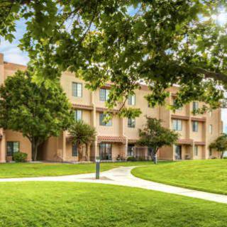 A building surrounded by lush greenery and a winding pathway.