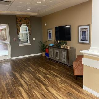 A cozy living room with a hardwood floor, featuring a television, cabinet, plants, and large windows.