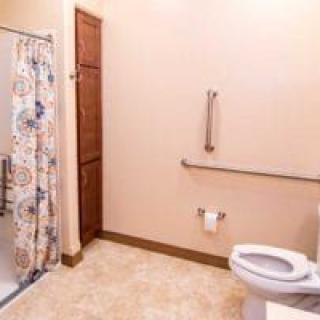 An accessible bathroom with a shower, grab bar, and toilet.