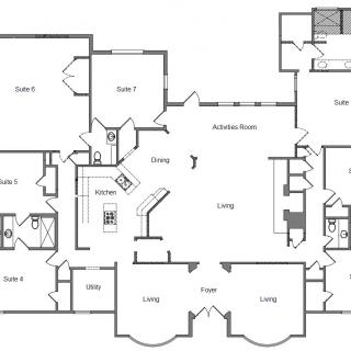 A detailed floor plan of a house showing various rooms and spaces.