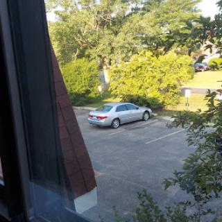 A silver car parked in a quiet lot surrounded by greenery.