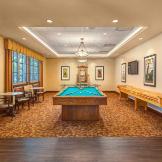 A well-lit game room featuring a pool table and shuffleboard, complemented by elegant decor and comfortable seating.