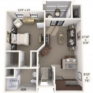 A one-bedroom apartment floor plan featuring a living room, kitchen, bathroom, and dining area.