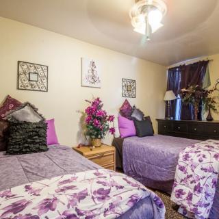 A cozy bedroom featuring two twin beds adorned with purple and floral decor.