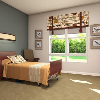 A well-lit bedroom featuring a hospital bed with a large window and decorative artwork.