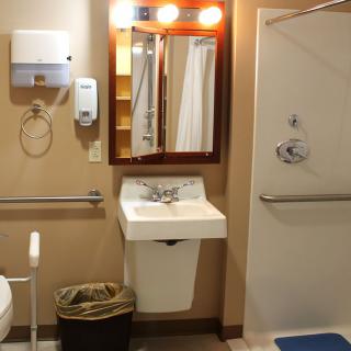 An accessible bathroom with a sink, mirror, and shower area equipped with handrails.