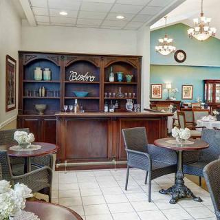 An inviting cafe with comfortable seating and a well-stocked bar counter.