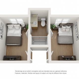 A two-bedroom apartment floor plan with a shared bathroom and individual closets.