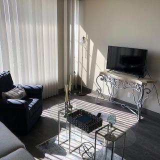A modern living room bathed in sunlight, featuring minimalist decor with a TV setup, armchair, and a sleek coffee table.