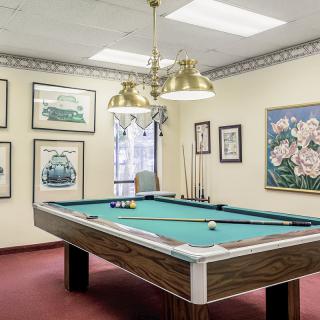 A well-decorated game room featuring a pool table surrounded by framed artwork and elegant lighting.