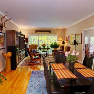 A cozy living and dining area with wooden flooring, stylish furniture, and indoor plants.