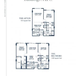 Floor plans of two different apartment layouts showcasing detailed room arrangements.
