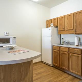 A compact kitchen with wooden cabinets, a refrigerator, and a microwave on the counter.