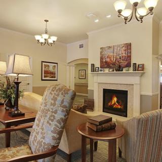 A cozy living room with elegant decor, featuring a fireplace and comfortable seating.