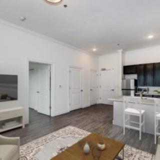 A modern open-plan apartment featuring a cozy living room and a sleek kitchen.