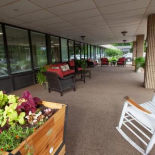 A welcoming outdoor patio area with cozy seating and lush plants.