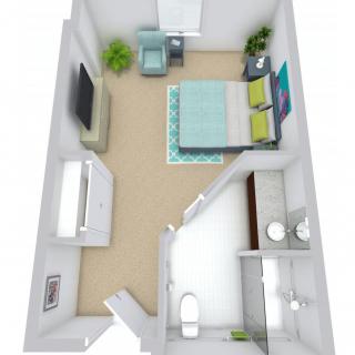 A top-down view of a modern apartment floor plan featuring a bedroom with furniture and an adjoining bathroom.