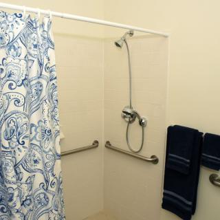 A bathroom shower area with a blue and white patterned curtain, equipped with handrails and a wall-mounted shower head.