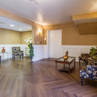 A stylish waiting room with patterned chairs, a wooden coffee table, and decorative elements on wood flooring.