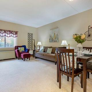 A cozy living room with a dining area, featuring a sofa, table, chairs, and decorative elements.