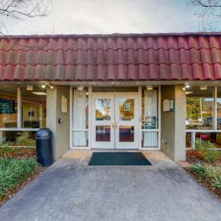 The inviting entrance of a commercial building with landscaped surroundings.