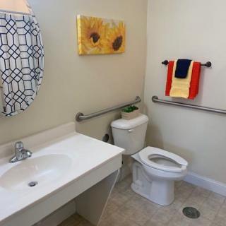 A well-equipped bathroom with a mirror, sink, toilet, and handrails for accessibility.