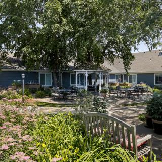A serene garden with lush greenery and outdoor seating in front of a blue house.