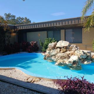 A serene backyard pool featuring a natural rock formation, surrounded by lush plants and a clear blue sky.