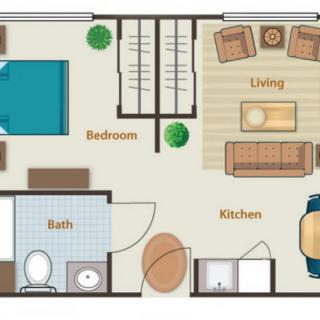 A simple floor plan of a one-bedroom apartment with a living room, kitchen, and bathroom.