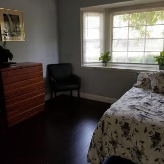 A cozy bedroom with a floral bedspread, a window letting in natural light, and potted plants placed on the windowsill.