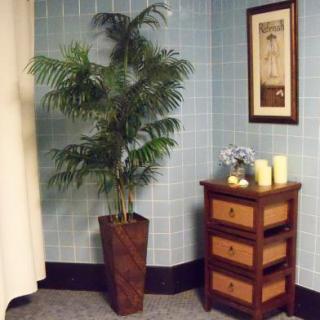 A stylish room corner with a potted plant, small dresser, candles, and wall art.