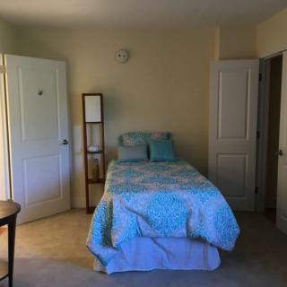 A cozy bedroom with a neatly made bed featuring blue bedding.