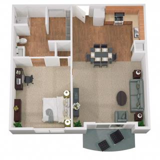 A 3D floor plan of a one-bedroom apartment featuring a living room, kitchen, dining area, bathroom, and office space.