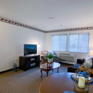 A cozy living room with a television, sofa, and coffee table near large windows.