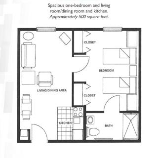 A floor plan of a spacious one-bedroom apartment, featuring a living room, kitchen, and closet in approximately 500 square feet.