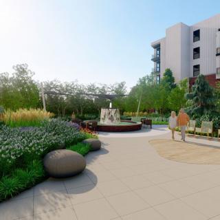 A serene garden landscape featuring a central fountain surrounded by lush vegetation and a spacious pathway.