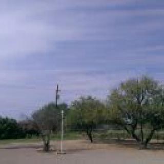 A scenic outdoor view featuring trees under a partly cloudy sky.