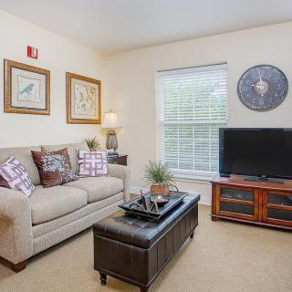Cozy living room with a sofa, television, and decorative elements.