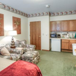 A cozy living room with a kitchenette, featuring a sofa, lamp, and small appliances.