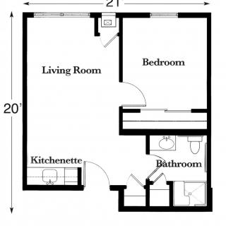 A floor plan of a small apartment featuring a living room, bedroom, kitchenette, and bathroom.