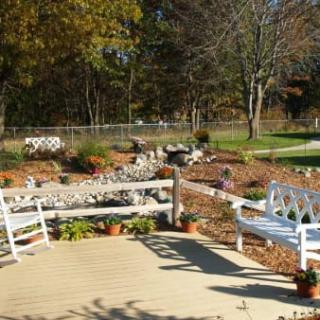A tranquil garden setting with white benches and autumn foliage.