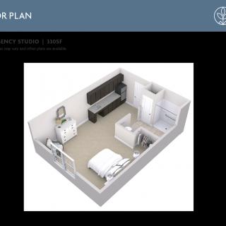 A 3D rendering of a studio apartment floor plan featuring a bedroom area, small seating space, and bathroom.