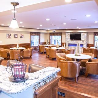 Modern restaurant lounge with elegant seating and a cozy atmosphere.
