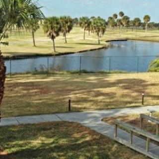 A scenic view of a park with a lake surrounded by palm trees.